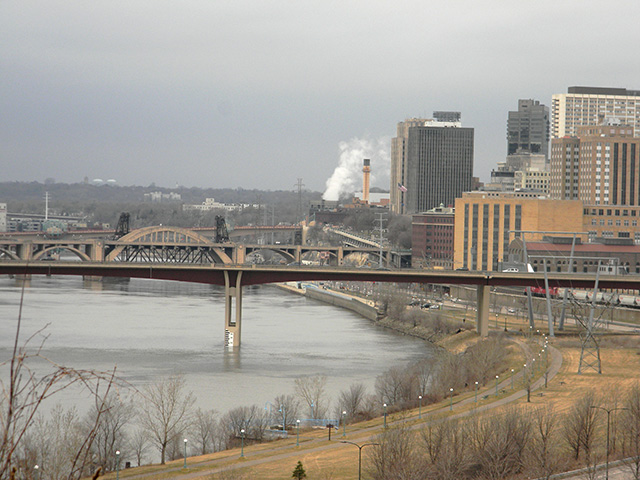 The empty Mississippi River in downtown St. Paul, Minnesota, on Sunday, March 13, waits for the arrival of the first barges that opened the 2016 shipping season earlier that morning near Hastings, Minnesota, at Lock and Dam 2. (DTN photo by Mary Kennedy)